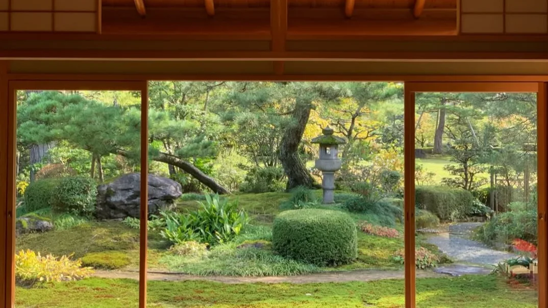 A Japanese garden seen through a quiet wooden room